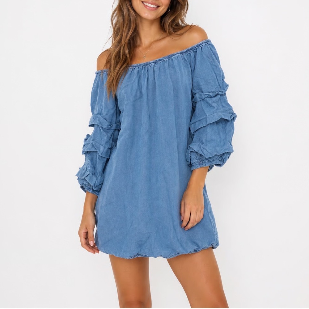 Zara Woman Premium Denim Blue Off Shoulder Ruched Ruffle Sleeve Mini Dress XS